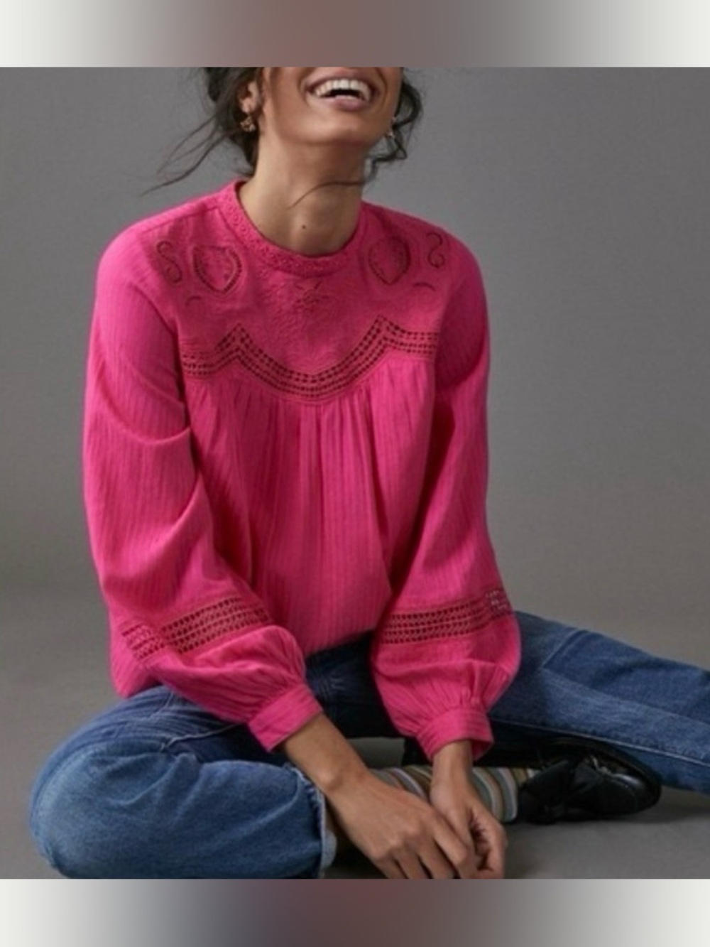 Anthropologie Harmony Embroidered Lace Blouse Long Sleeve in Bright Pink Size 1X